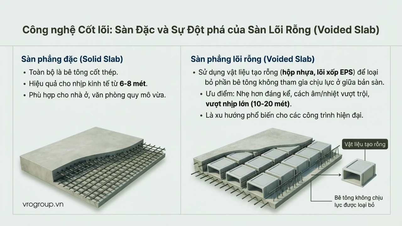 Ảnh minh họa cấu tạo sàn đặc và sàn lõi rỗng, thể hiện sự khác biệt về vật liệu, phân bố bê tông và nguyên lý làm việc nhằm tối ưu trọng lượng và khả năng chịu lực của sàn.