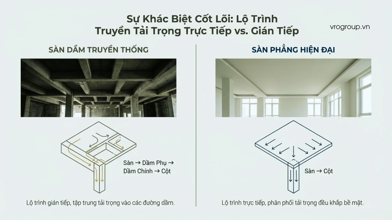 Ảnh minh họa cơ chế làm việc và truyền lực của sàn phẳng so với sàn dầm, cho thấy sự khác biệt trong đường truyền tải trọng và cấu tạo kết cấu.