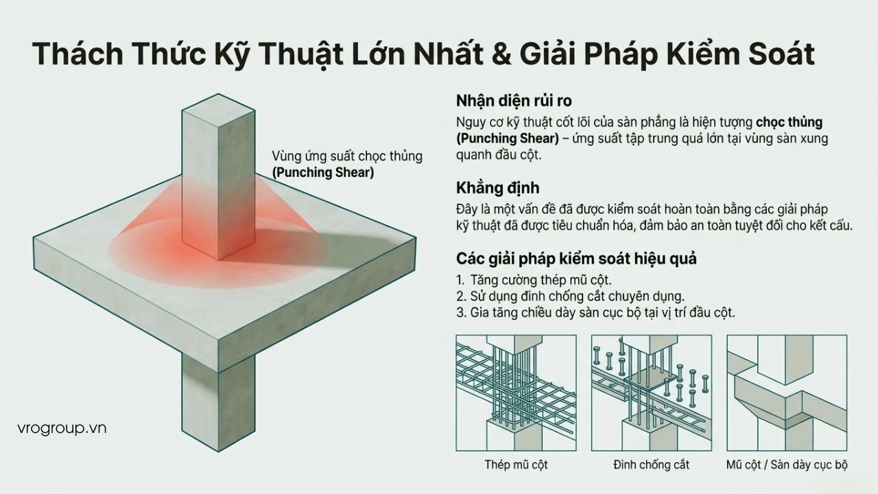 Ảnh minh họa các giải pháp kỹ thuật chống chọc thủng sàn phẳng, như bố trí thép tăng cường quanh cột, giúp phân tán lực, nâng cao khả năng chịu tải và đảm bảo an toàn kết cấu.