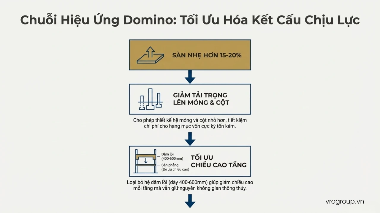Sàn phẳng không dầm tạo hiệu ứng domino, giúp giảm chi phí vật liệu, thi công nhanh hơn và tối ưu tổng chi phí xây dựng.