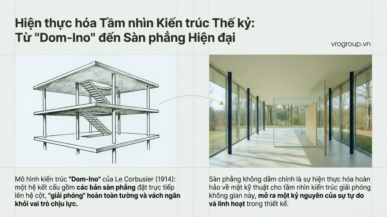 Ảnh minh họa ý tưởng Dom-ino của Le Corbusier với sàn phẳng không dầm, cột độc lập, không gian mở và linh hoạt.