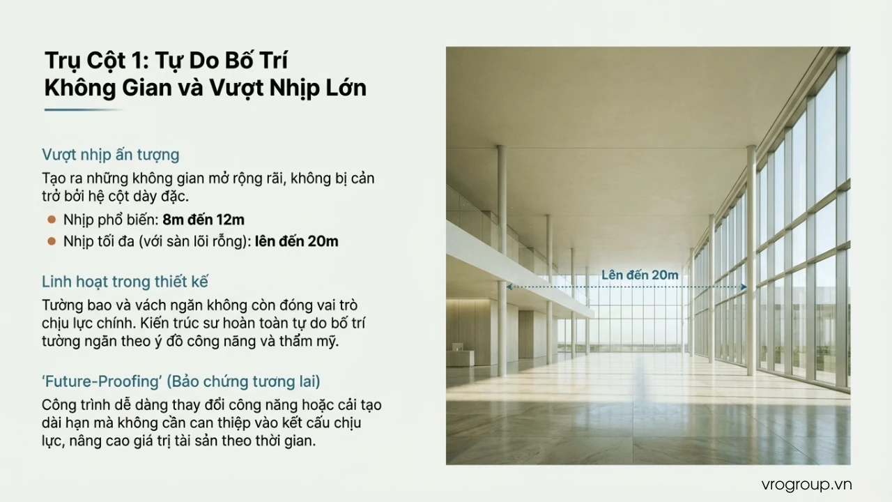 Sàn phẳng có khả năng vượt nhịp lớn, giúp mở rộng không gian, giảm cột, tăng tính linh hoạt trong thiết kế và thi công công trình.