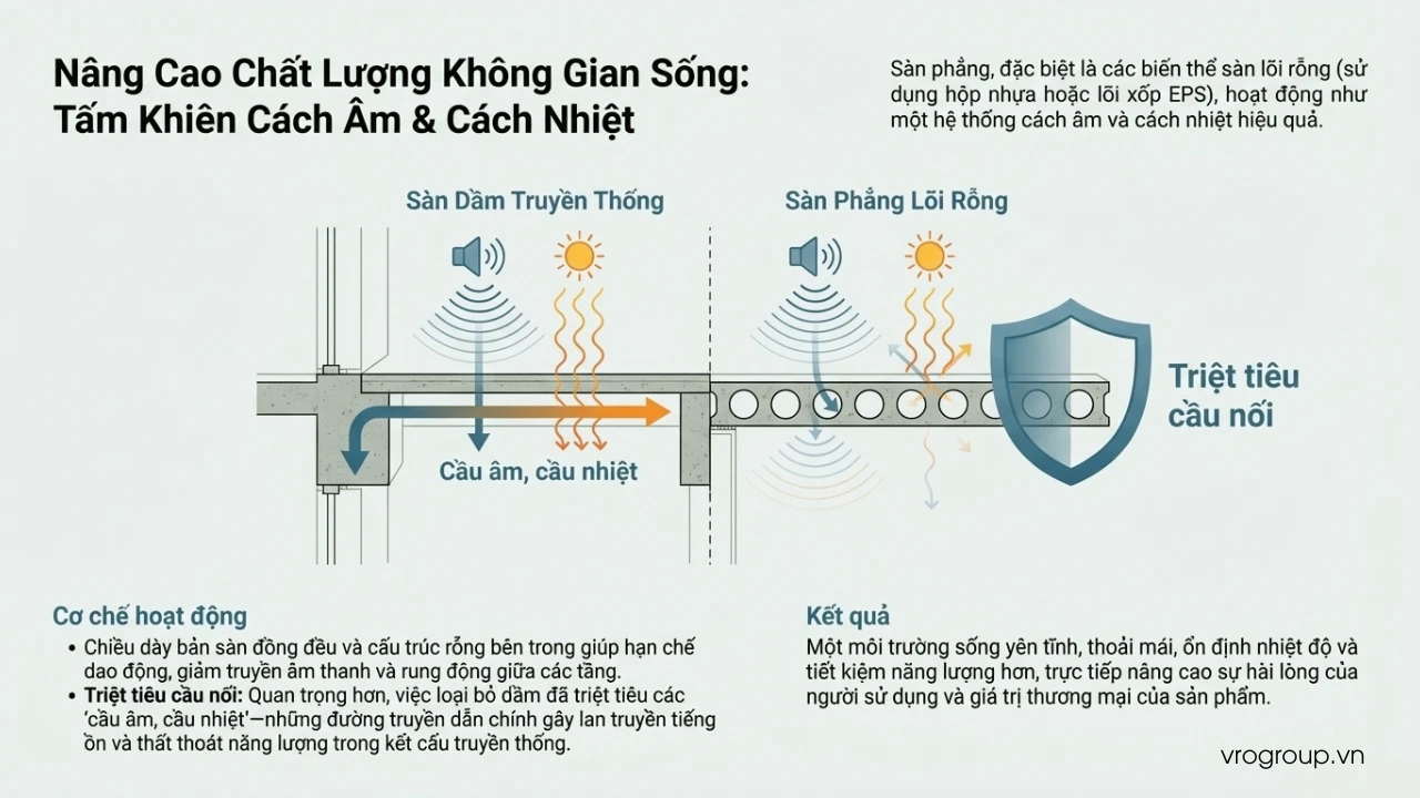 Cấu tạo sàn phẳng lõi rỗng giúp tăng khả năng cách âm và cách nhiệt cho công trình.