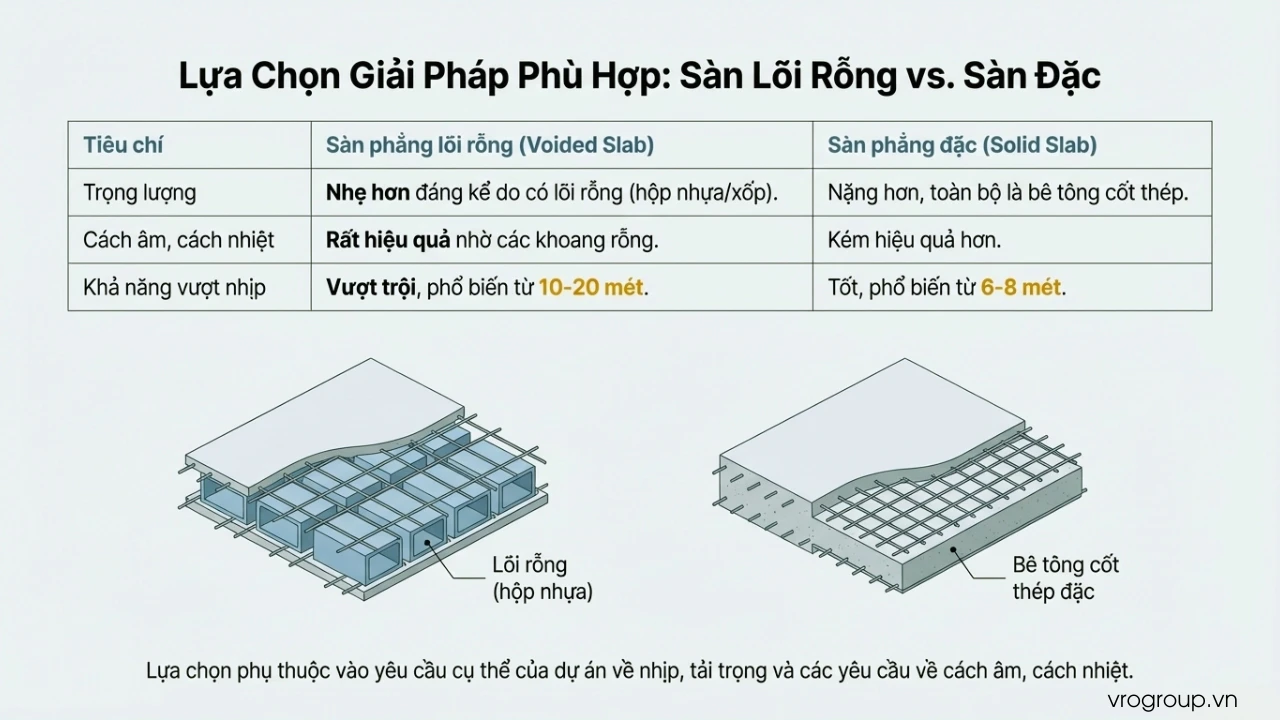 Hình ảnh so sánh sàn phẳng và sàn đặc cho thấy sự khác biệt rõ ràng về kết cấu, khả năng tối ưu không gian, chiều cao tầng và hiệu quả chi phí trong xây dựng.