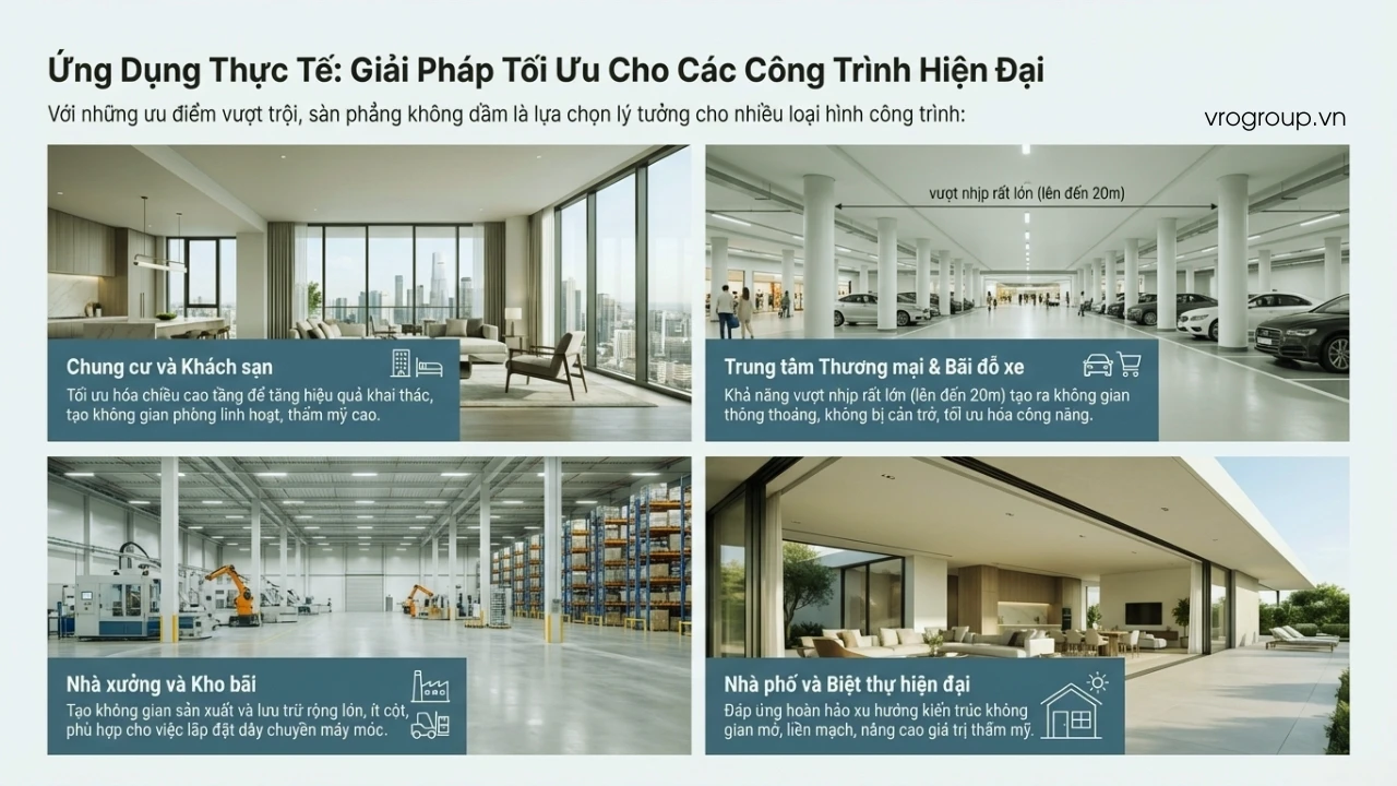 Sàn phẳng phù hợp cho chung cư, khách sạn, trung tâm thương mại, bãi đỗ xe, nhà xưởng, nhà kho, nhà phố và biệt thự.