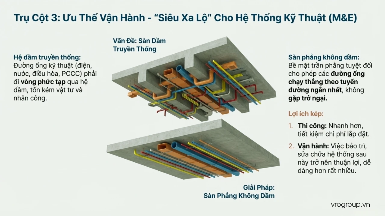 Ưu thế vận hành với hệ thống M&E tối ưu, giúp bố trí điện nước linh hoạt, dễ thi công, dễ bảo trì và nâng cao hiệu quả sử dụng công trình.