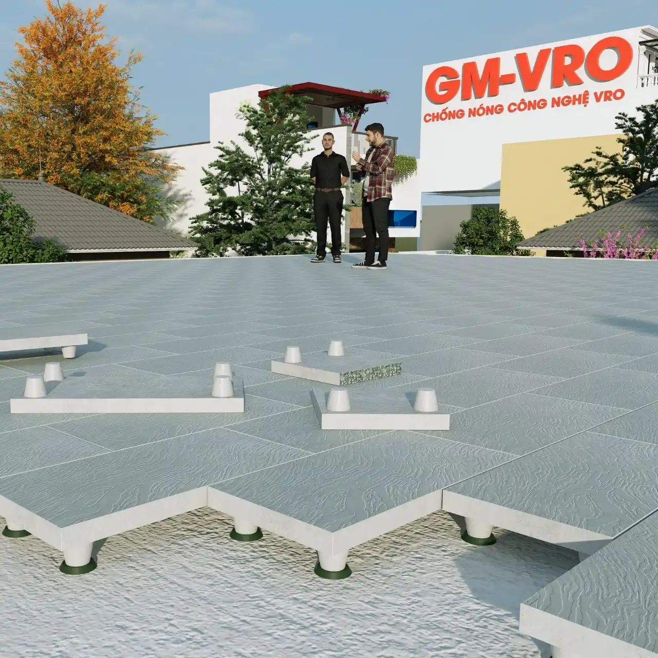 Gạch lát điều hòa bảo vệ mái giúp cách nhiệt, cách âm, chống tia UV, bảo vệ lớp chống thấm và tạo hệ thoát nước trồng cây sân thượng